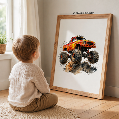 Personalised Orange Monster Truck Wall Art Set – Racing Flag & Off-Road Truck Prints