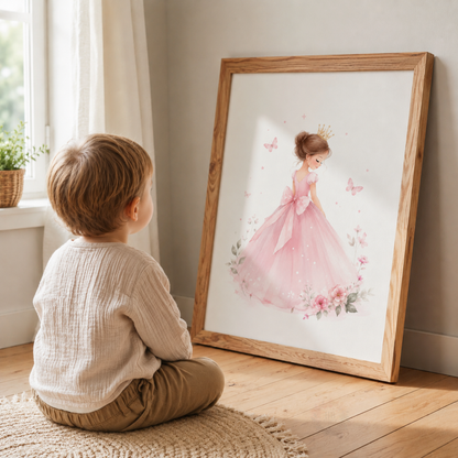 Personalised Princess Nursery Prints – Set of 3 Pink Castle, Princess & Name Wall Art