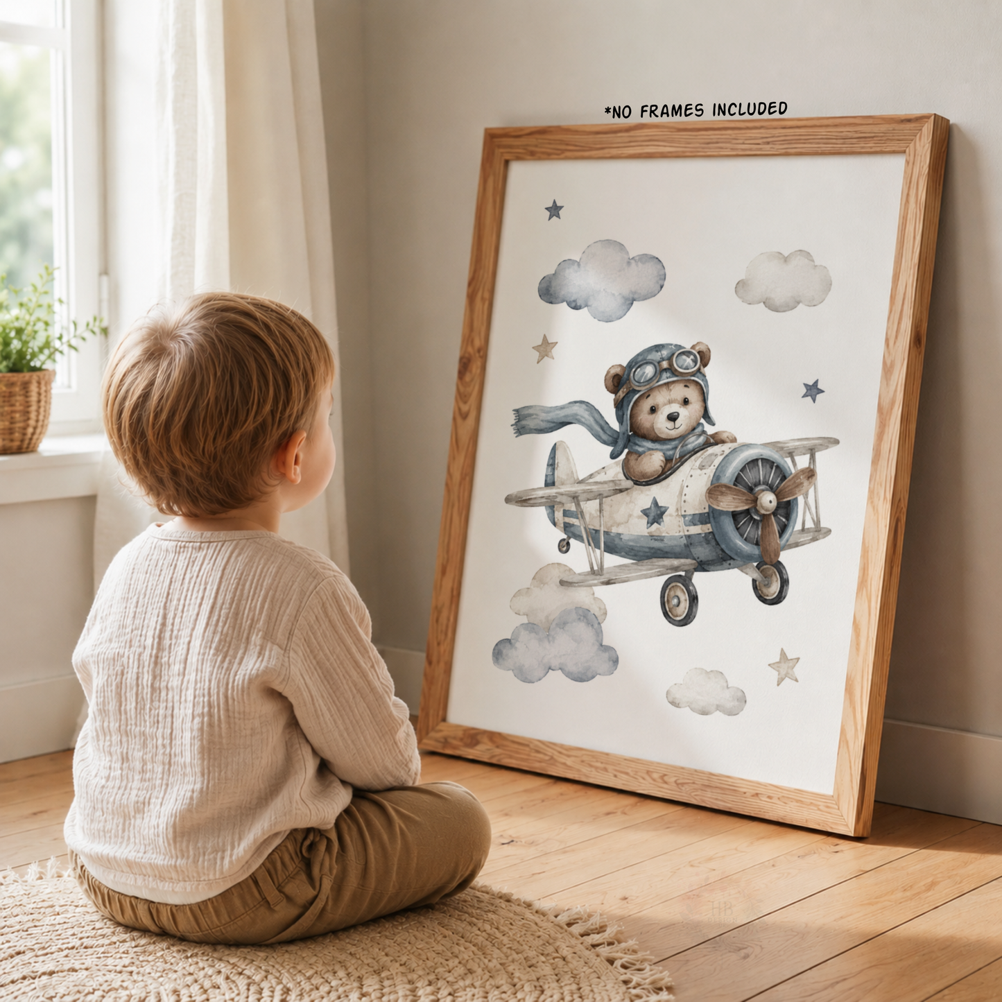 Teddy Bear Nursery Wall Art Set – Aeroplane, Balloons & Cloud Prints