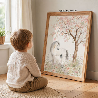 Pastel Horse Meadow Wall Art Set – Watercolour Equestrian Nursery Prints