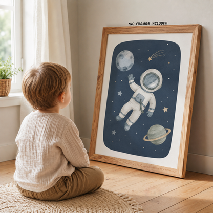 Space Nursery Wall Art Set – Astronaut & Rocket Prints