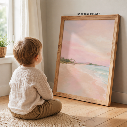 Pastel Beach Wall Art Set – Blush Pink Coastal Seascape Prints