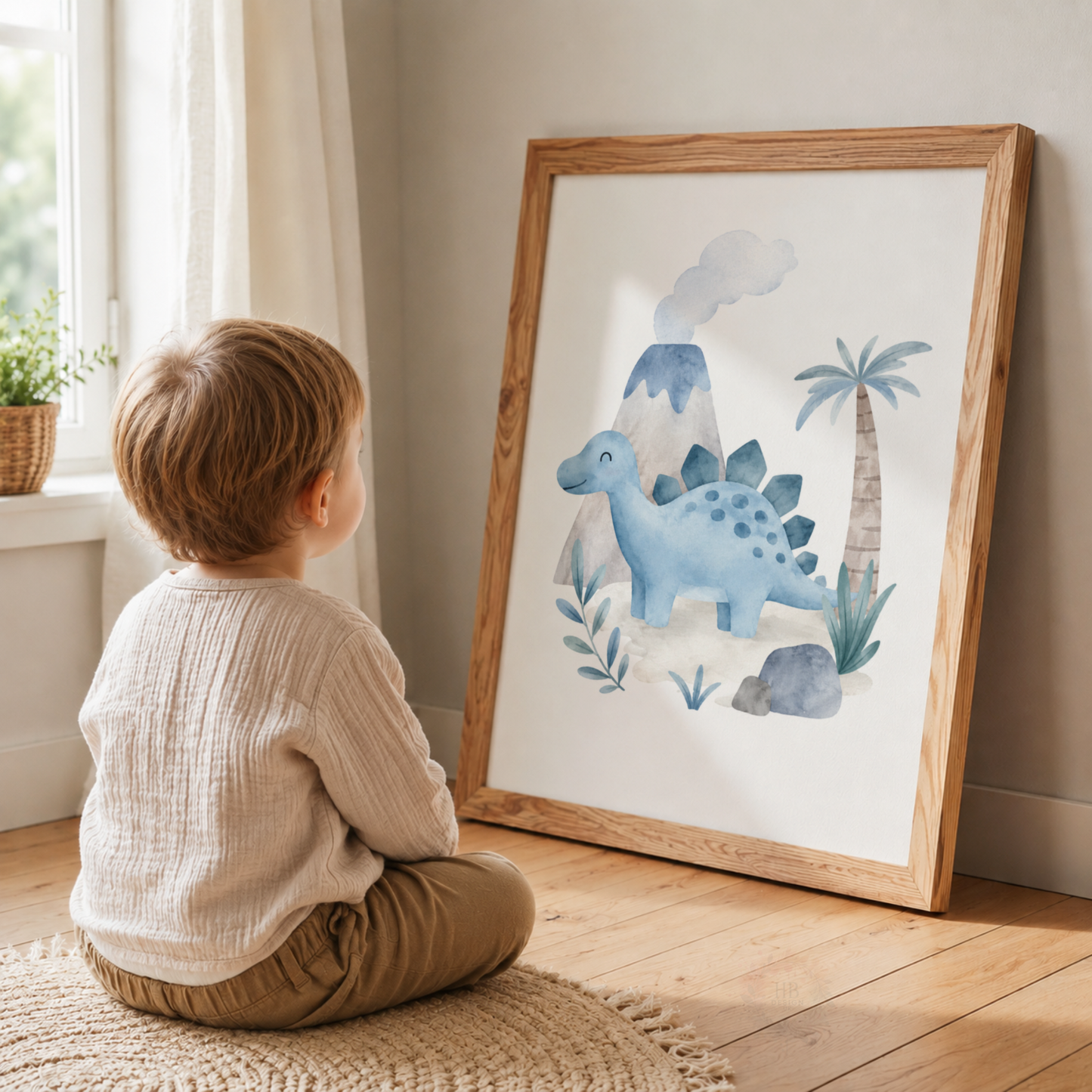 Personalised Blue Dinosaur Nursery Prints – Set of 3 Watercolour Dino & Name Wall Art