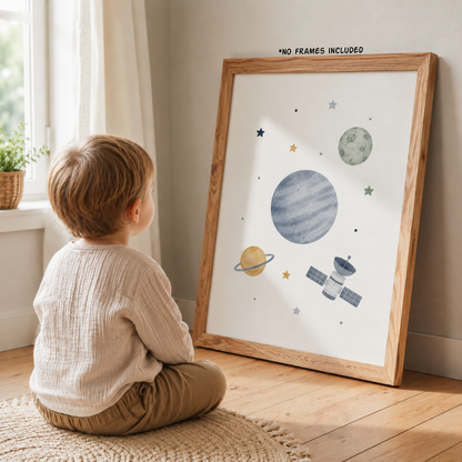 Space Nursery Wall Art Set – Rocket, Astronaut & Planet Prints
