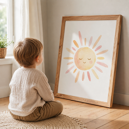 Pastel Rainbow Nursery Prints – Set of 3 Sun, Moon & Rainbow Boho Wall Art