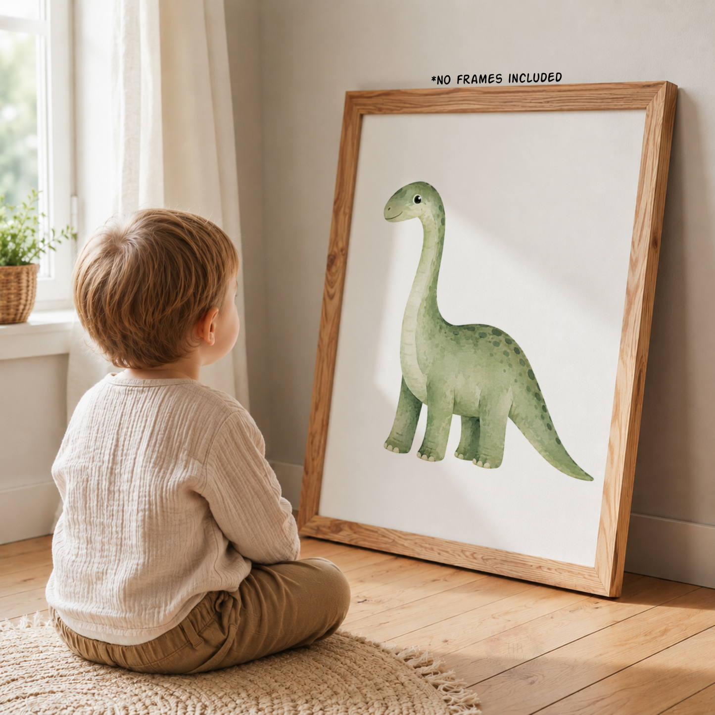 Green Dinosaur Nursery Wall Art Set – Cute Watercolour Dino Prints