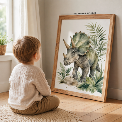 Realistic Dinosaur Nursery Wall Art Set – T-Rex, Triceratops & Raptor Prints