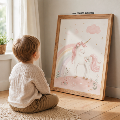 Pastel Unicorn Rainbow Nursery Wall Art Set – Pink Girls Bedroom Prints