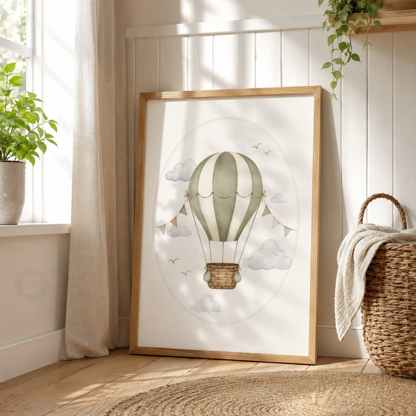 Personalised Hot Air Balloon Nursery Wall Art Print Set – Custom Name & Initial