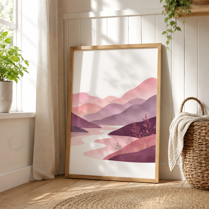 Pink & Purple Mountain Landscape Prints – Set of 3 Boho Scenic Wall Art