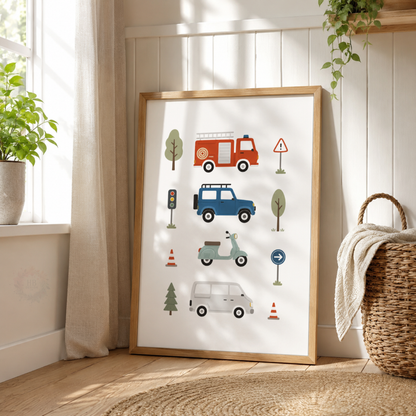Personalised Transport Nursery Wall Art Set – Cars, Fire Engine & Name Initial Prints