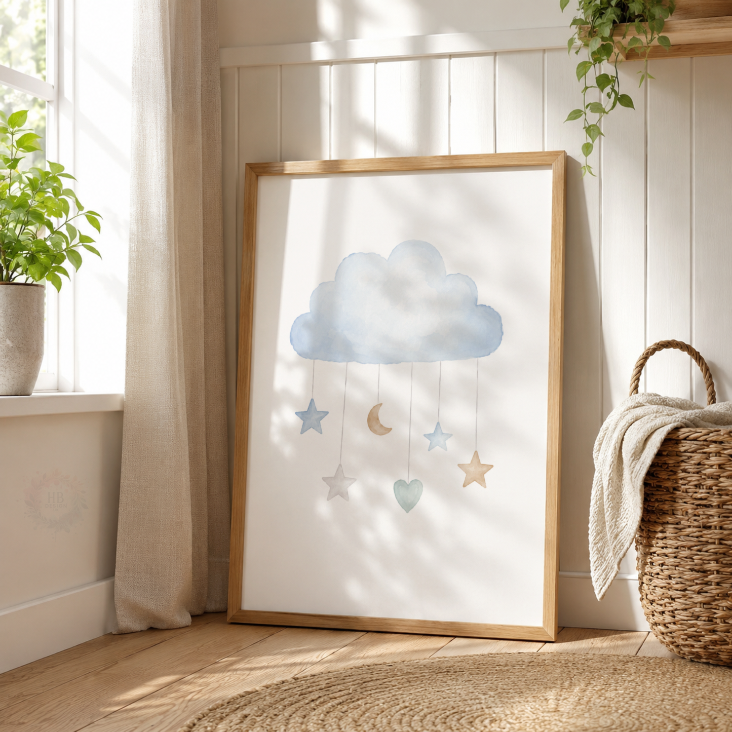 Personalised Hot Air Balloon Nursery Wall Art Print Set – Blue Moon & Stars