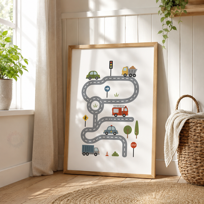 Personalised Transport Nursery Prints – Set of 3 Cars & Road Boys’ Wall Art