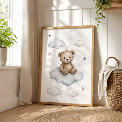 Teddy Bear Nursery Wall Art Set – Aeroplane, Balloons & Cloud Prints