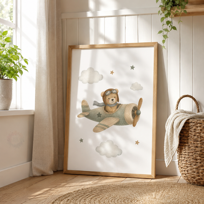 Teddy Bear Aeroplane Nursery Wall Art Print Set – Boys Bedroom Decor