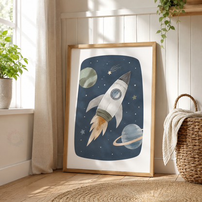 Space Nursery Wall Art Set – Astronaut & Rocket Prints