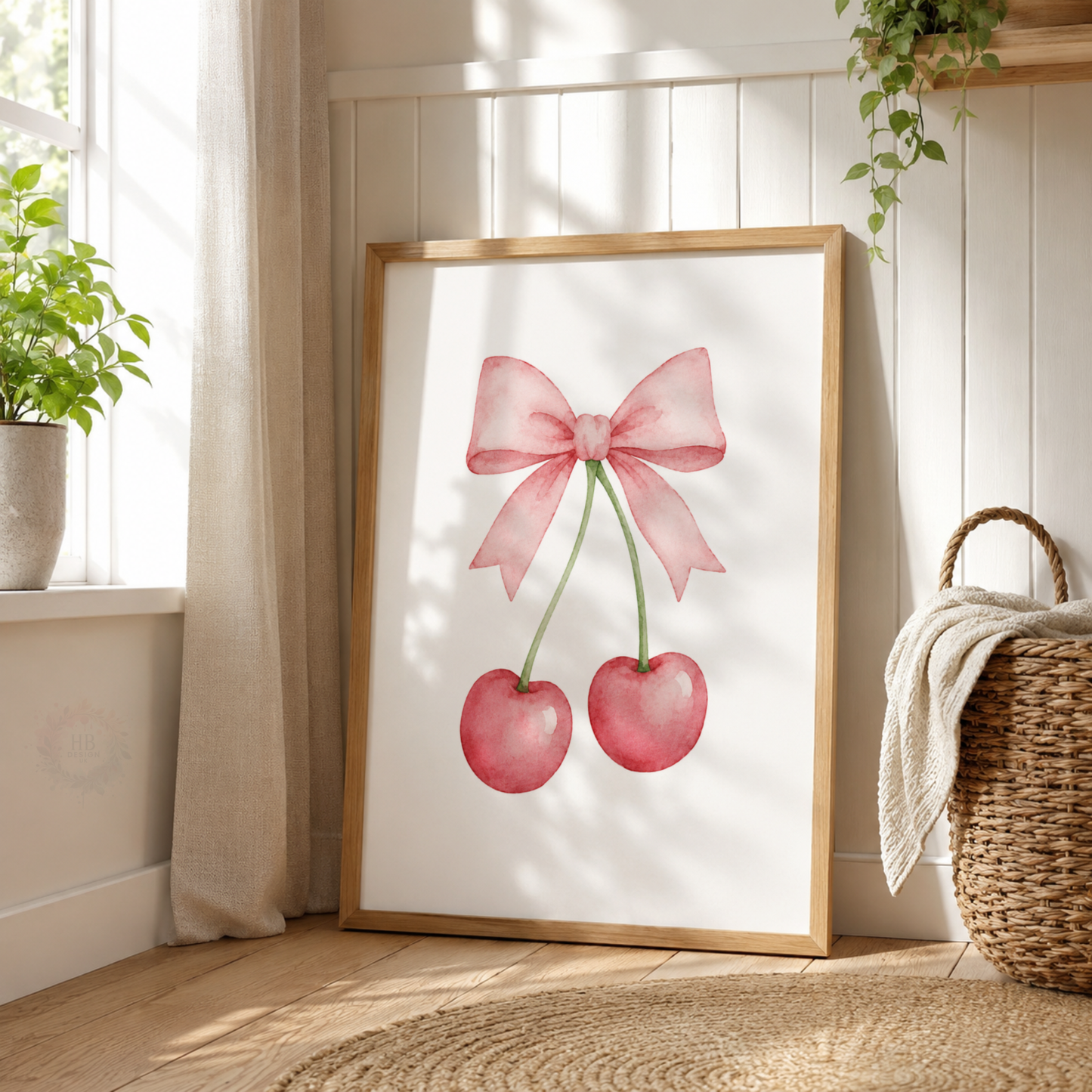 Personalised Pink Bow & Cherry Wall Art Print Set – Custom Name & Initial