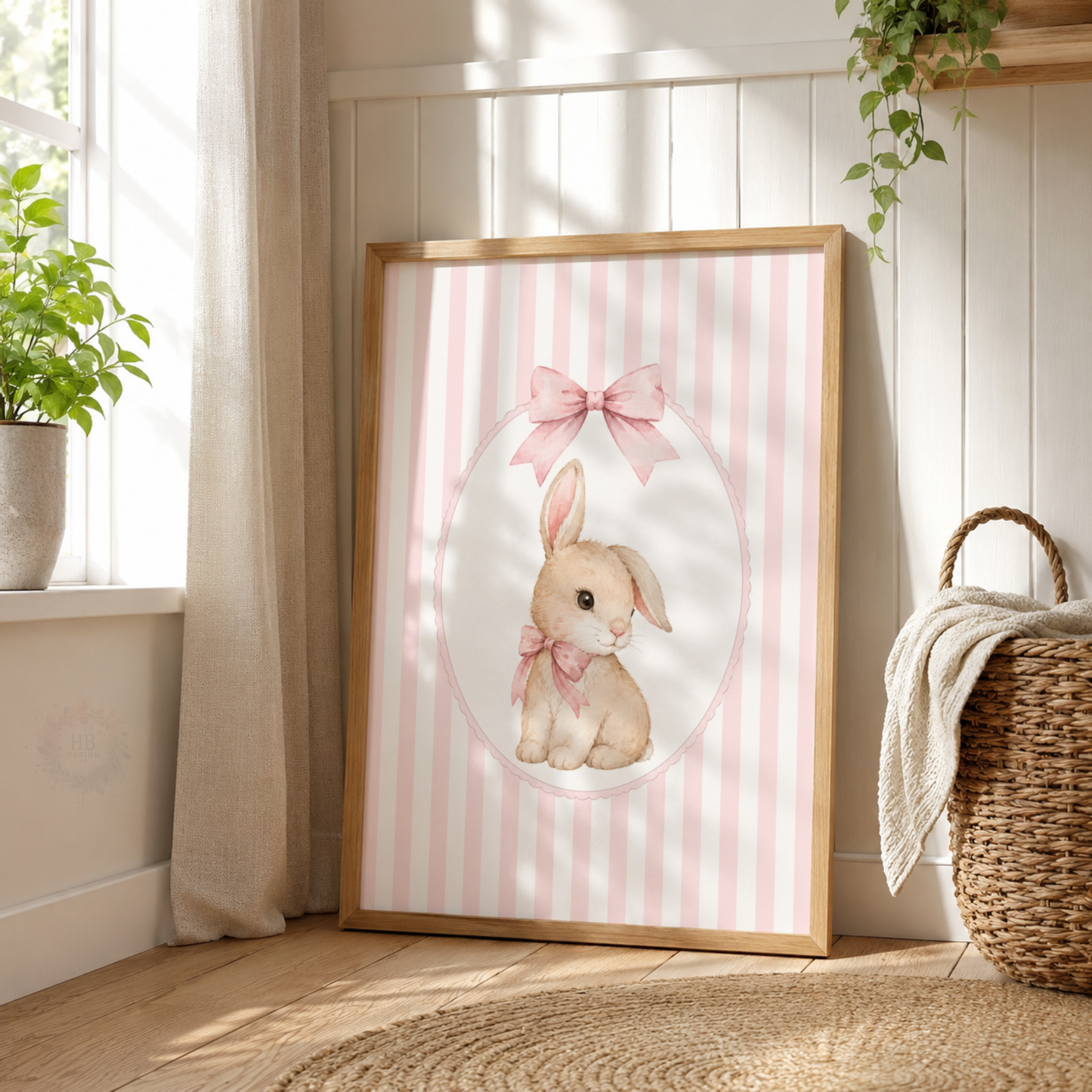Pink Bunny Nursery Wall Art Print Set – Rabbit & Bow Girls Bedroom Decor