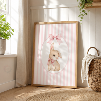Pink Bunny Nursery Wall Art Print Set – Rabbit & Bow Girls Bedroom Decor