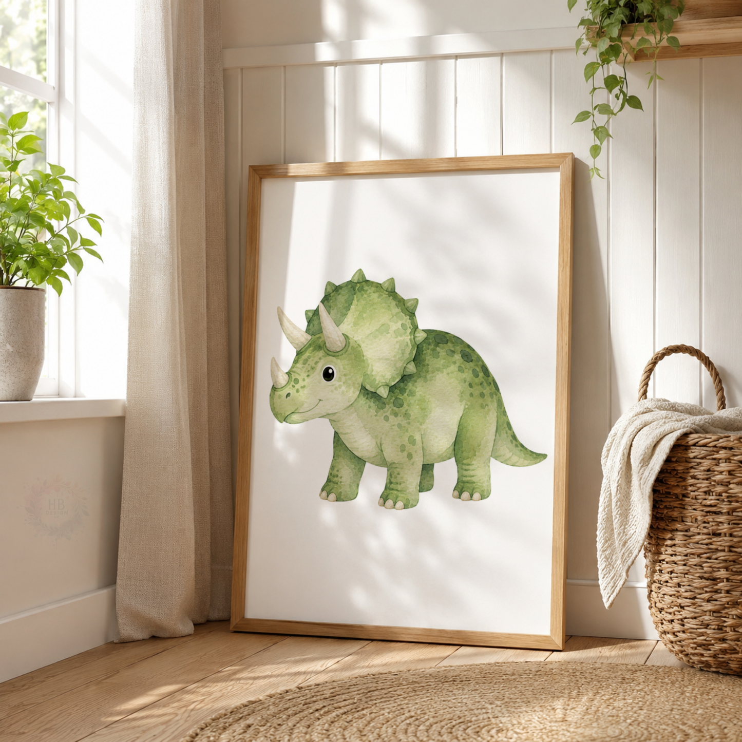 Green Dinosaur Nursery Wall Art Set – Cute Watercolour Dino Prints