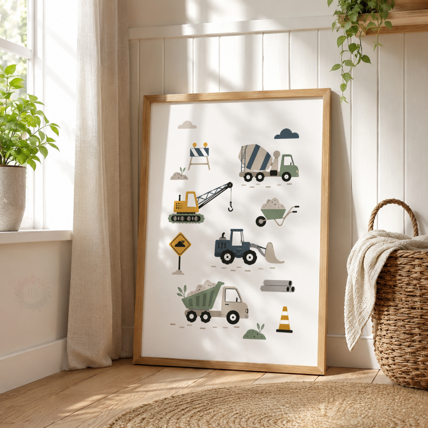 Personalised Construction Nursery Prints – Digger Truck & Crane Boys Wall Art Set