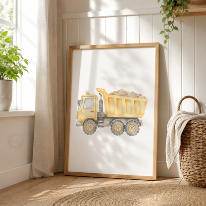 Watercolour Construction Vehicle Nursery Prints – Digger Dump Truck & Bulldozer Wall Art Set