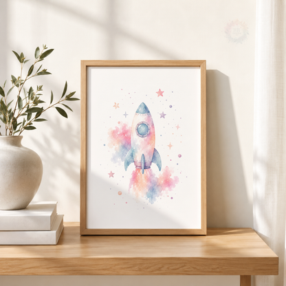 Pastel Space Adventure Prints – Set of 3 Watercolour Nursery Wall Art