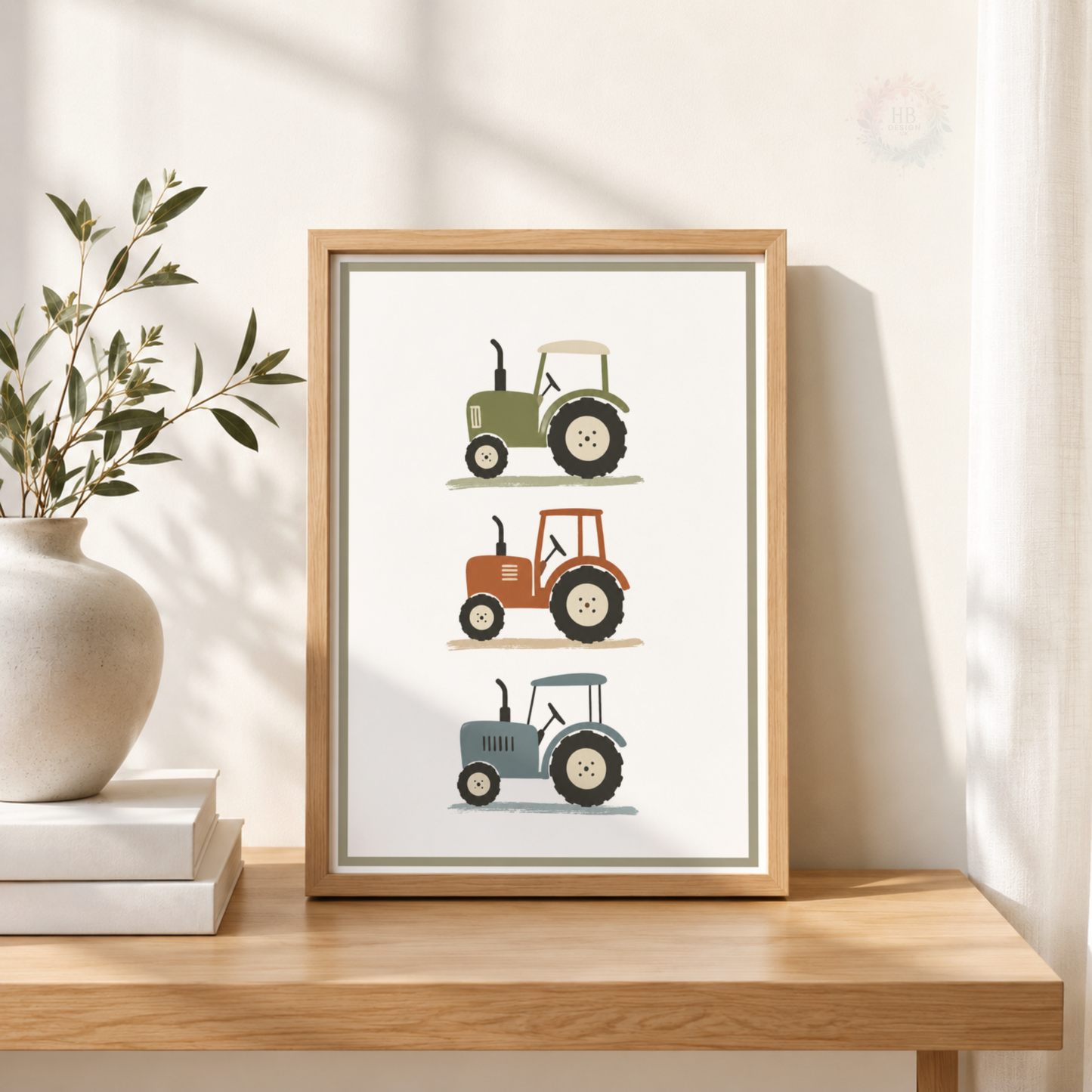 Tractor Nursery Print – Farm Vehicle Wall Art in Green, Rust & Blue