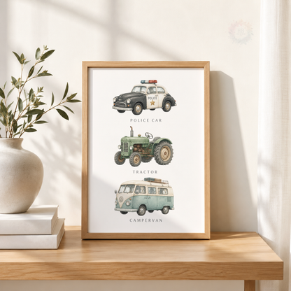 Vintage Transport Nursery Prints – Set of 3 Vehicle Wall Art for Boys’ Bedroom