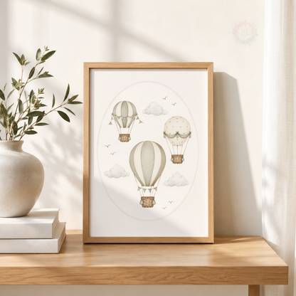 Personalised Hot Air Balloon Nursery Wall Art Print Set – Custom Name & Initial