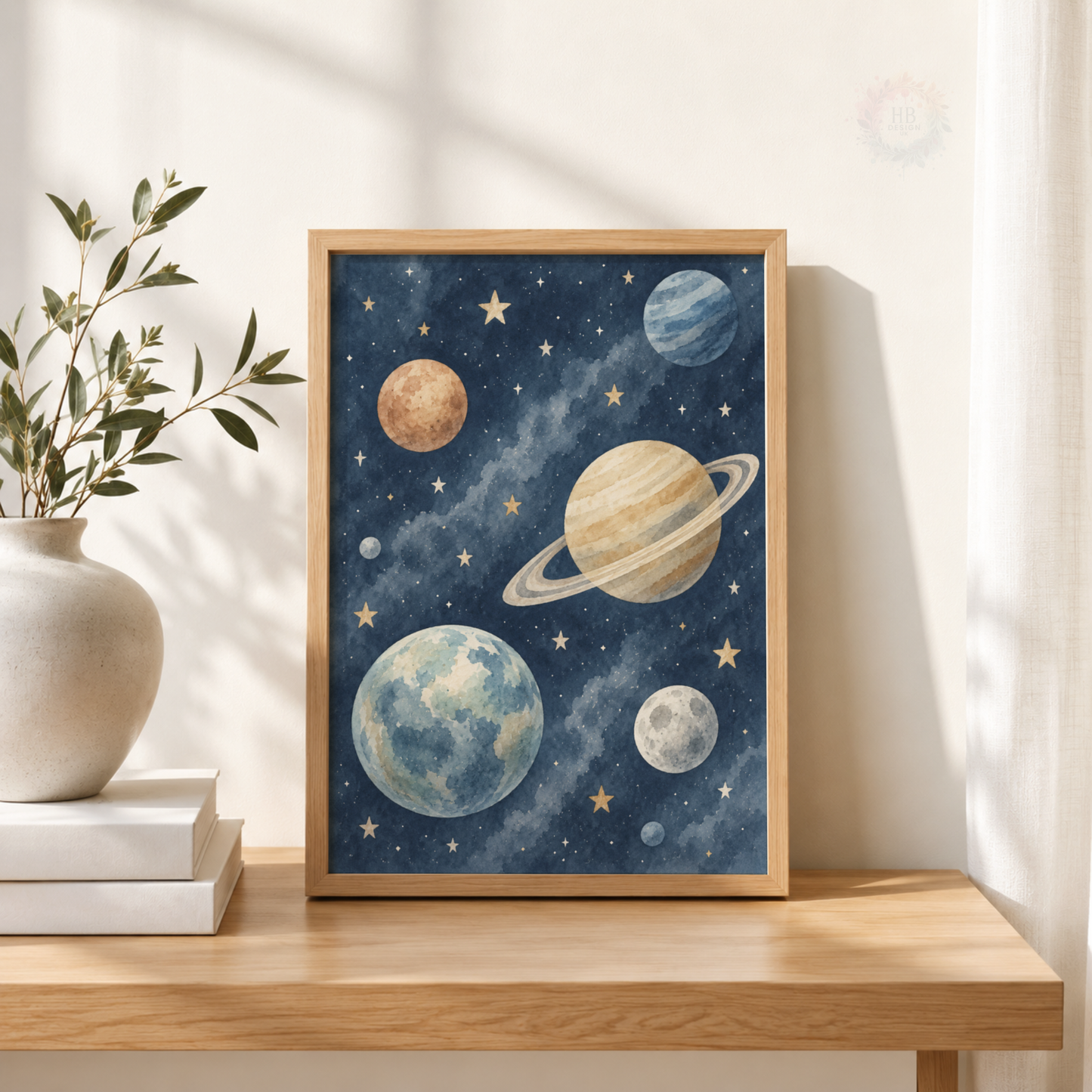 Blue Space Adventure Prints – Set of 3 Watercolour Rocket, Planets & Astronaut Nursery Wall Art