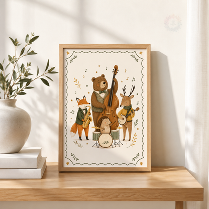 Woodland Animal Band Nursery Print – Musical Forest Friends Wall Art