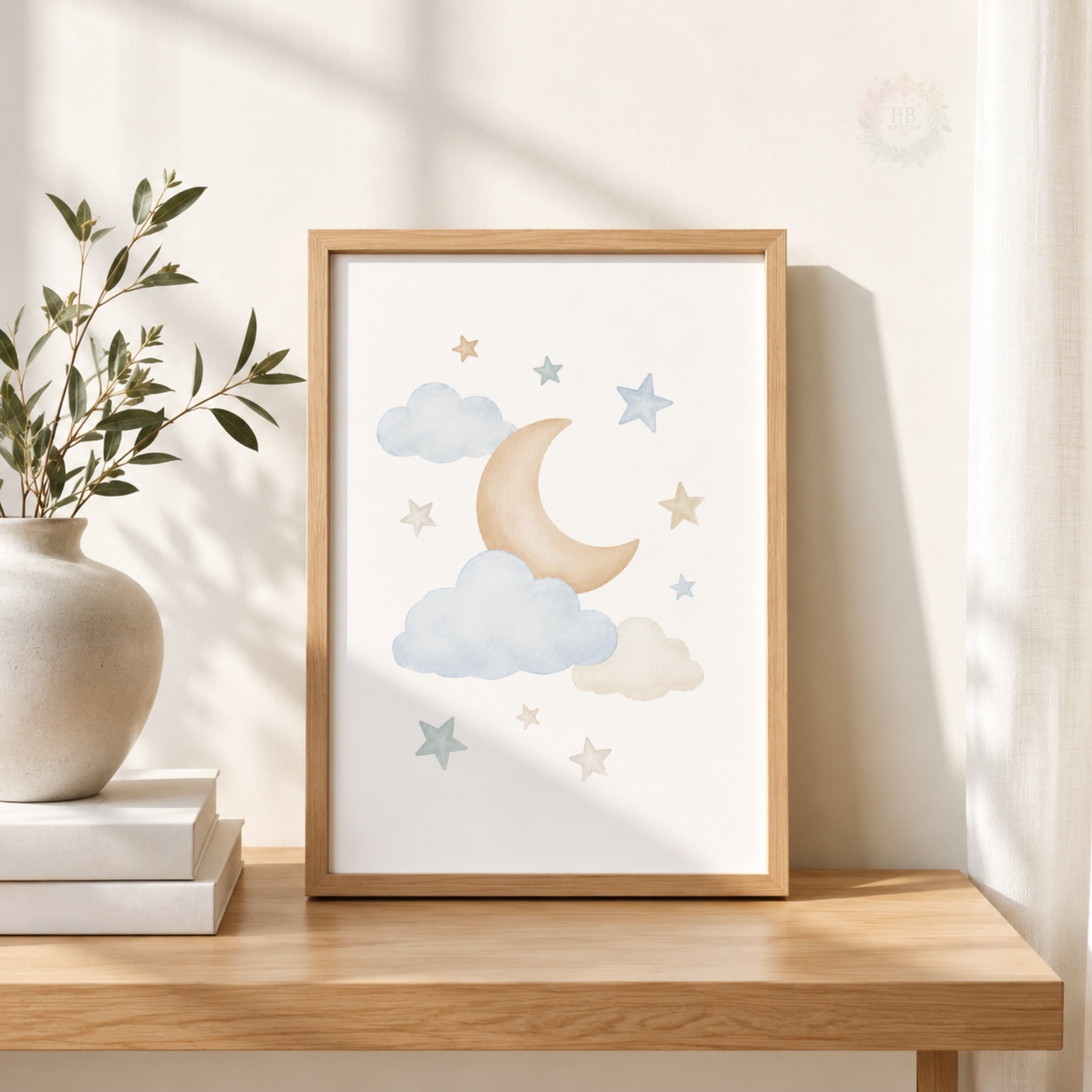 Personalised Hot Air Balloon Nursery Wall Art Print Set – Blue Moon & Stars