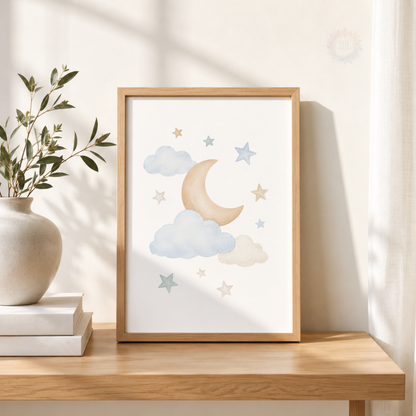 Personalised Hot Air Balloon Nursery Wall Art Print Set – Blue Moon & Stars