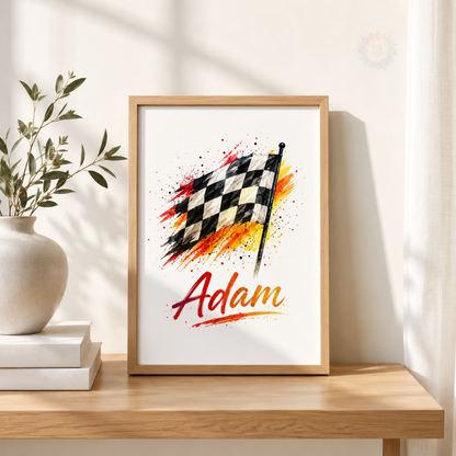 Personalised Orange Monster Truck Wall Art Set – Racing Flag & Off-Road Truck Prints