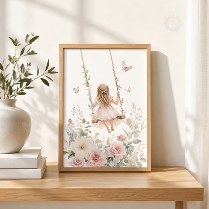 Floral Girl Nursery Prints – Set of 3 Pink Flowers, Butterflies & Swing Wall Art