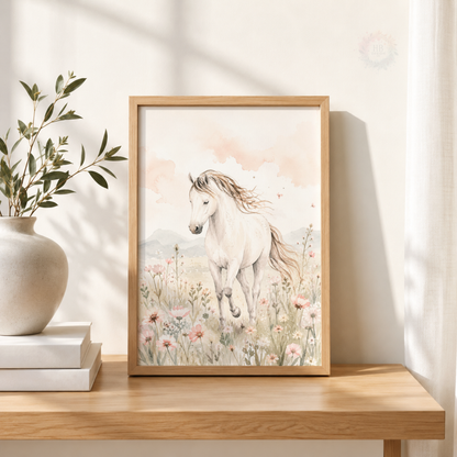Pastel Horse Meadow Wall Art Set – Watercolour Equestrian Nursery Prints