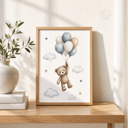 Teddy Bear Nursery Wall Art Set – Aeroplane, Balloons & Cloud Prints