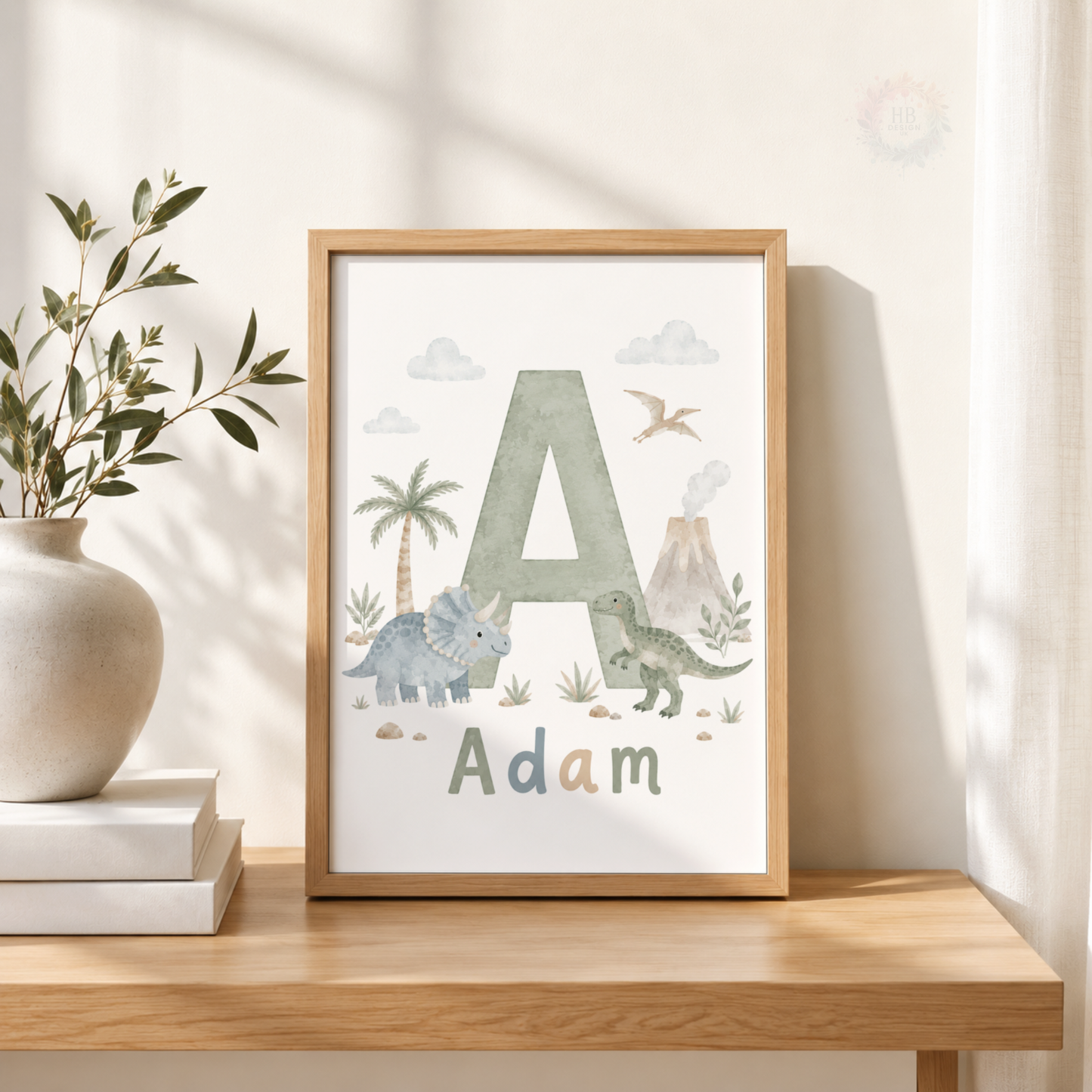 Personalised Dinosaur Nursery Prints – Set of 3 Watercolour Dino & Name Wall Art