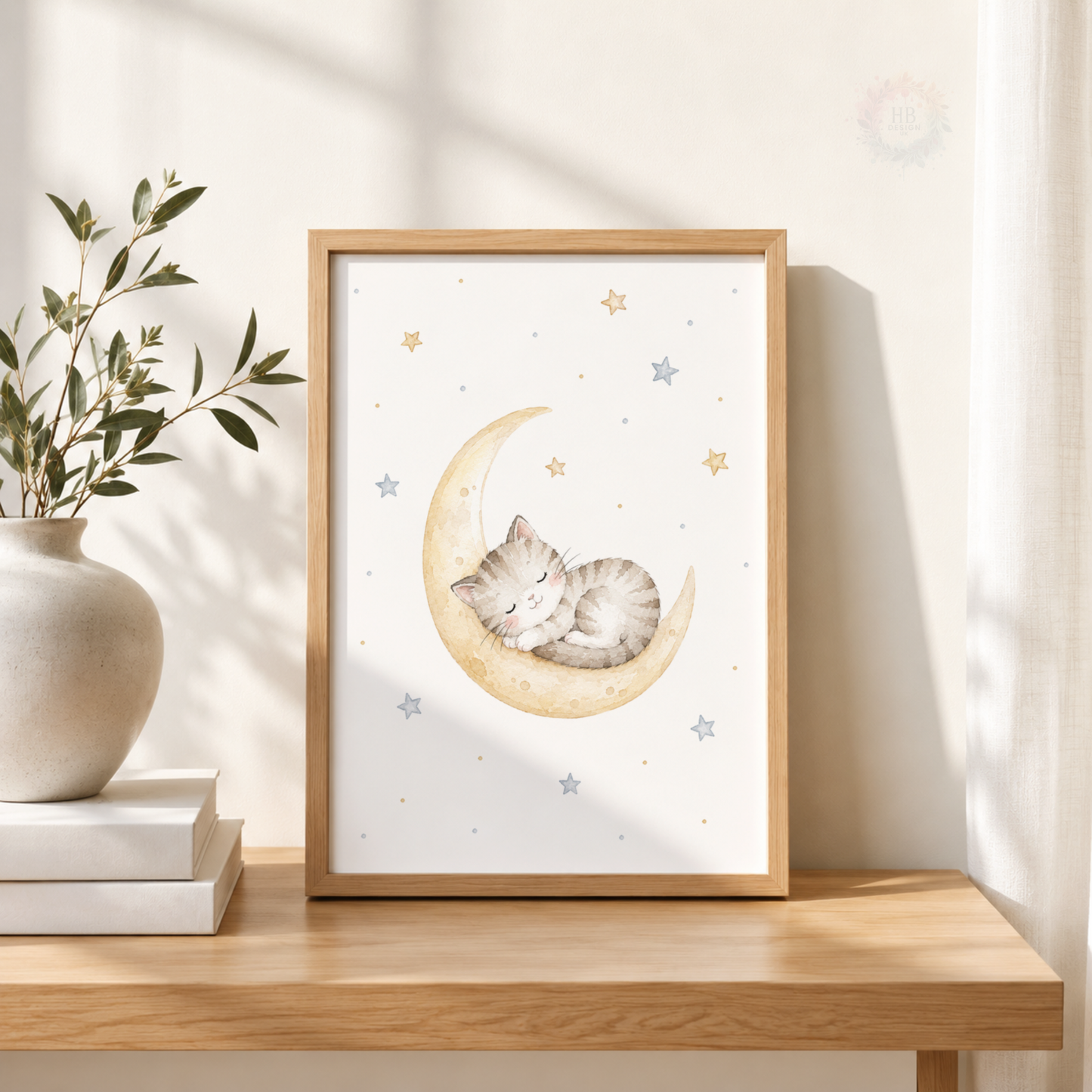 Cute Cat Nursery Prints – Set of 3 Moon, Stars & Balloon Kitten Wall Art