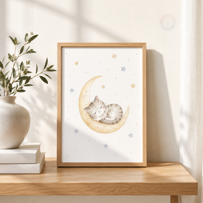 Cute Cat Nursery Prints – Set of 3 Moon, Stars & Balloon Kitten Wall Art