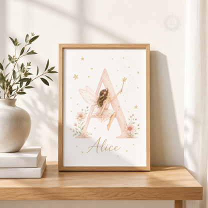 Personalised Fairy Nursery Prints – Pink Floral Initial & Fairy Wall Art Set