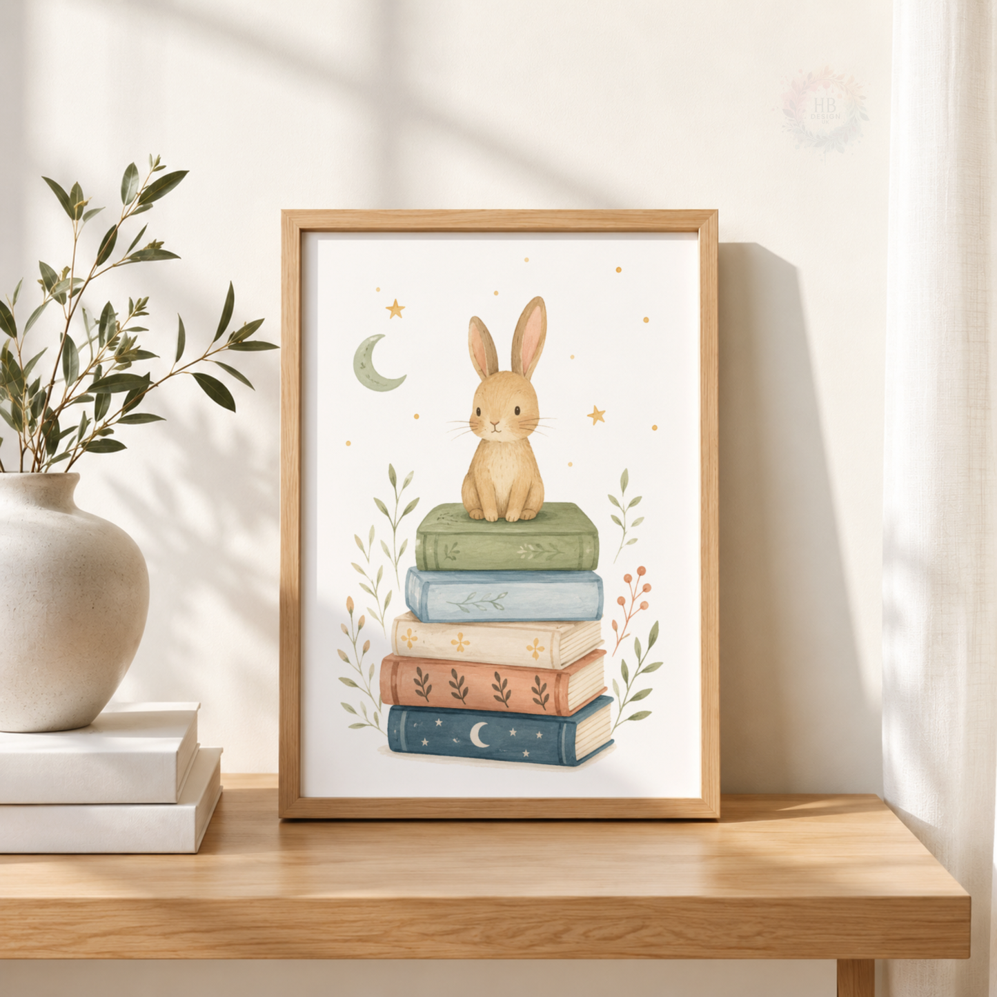 Bunny on Books Nursery Print – Woodland Reading Kids Wall Art