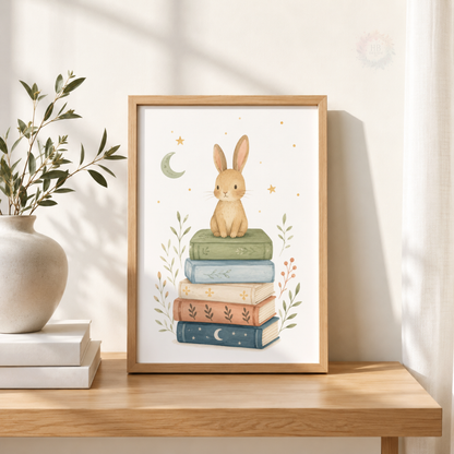 Bunny on Books Nursery Print – Woodland Reading Kids Wall Art