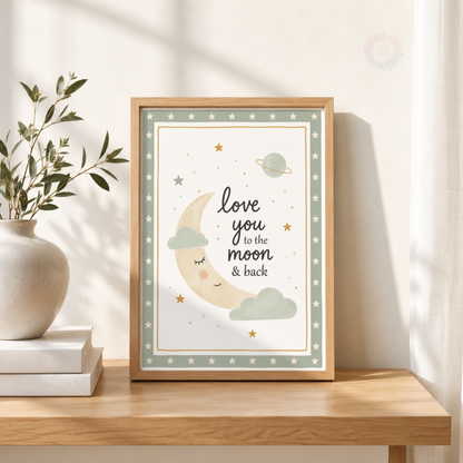 Love You to the Moon & Back Nursery Print – Celestial Moon & Stars Wall Art