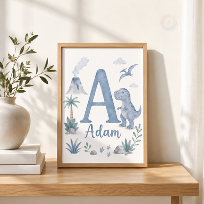 Personalised Blue Dinosaur Nursery Prints – Set of 3 Watercolour Dino & Name Wall Art