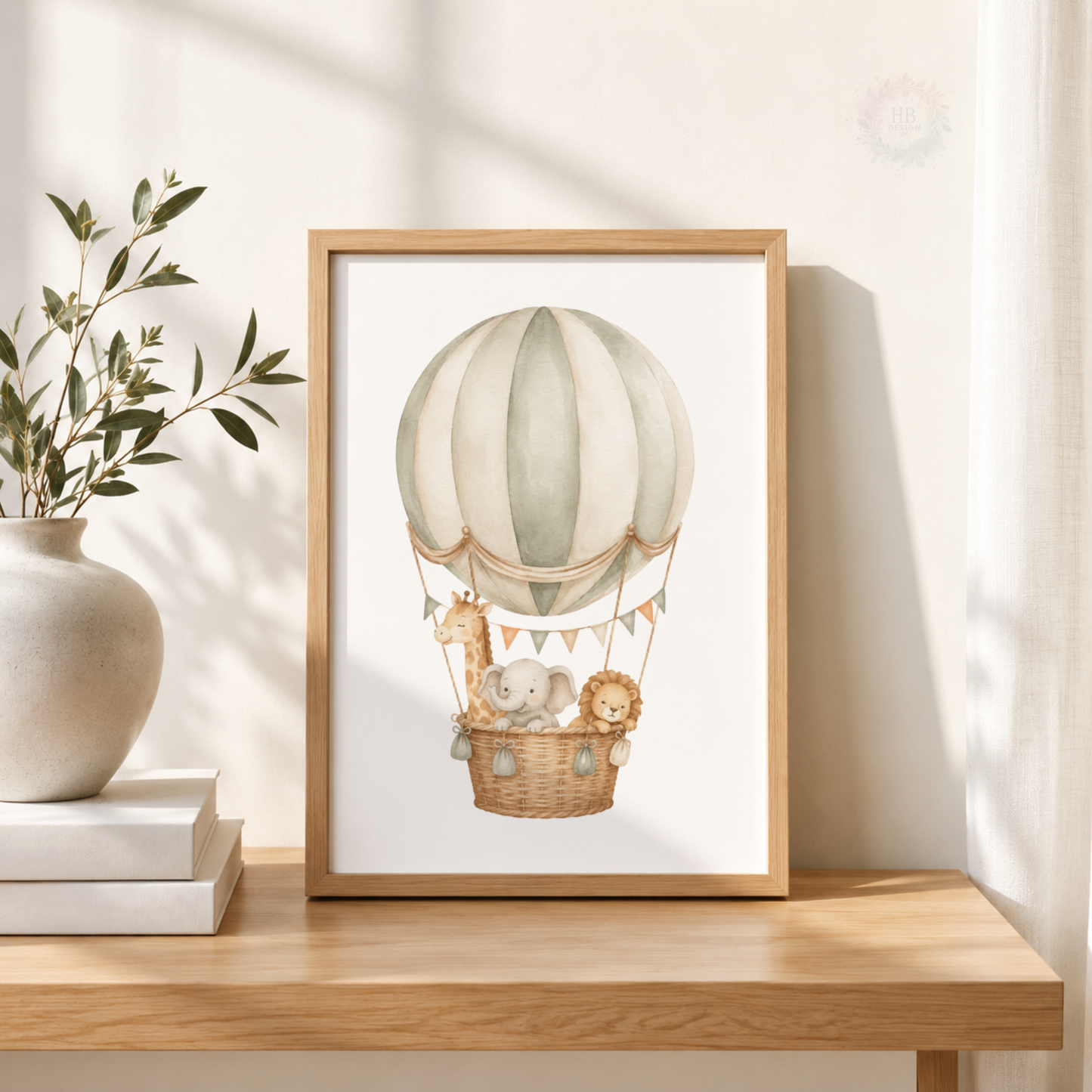 Safari Animals Hot Air Balloon Nursery Print – Giraffe, Elephant & Lion Wall Art