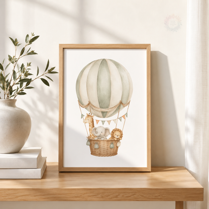 Safari Animals Hot Air Balloon Nursery Print – Giraffe, Elephant & Lion Wall Art