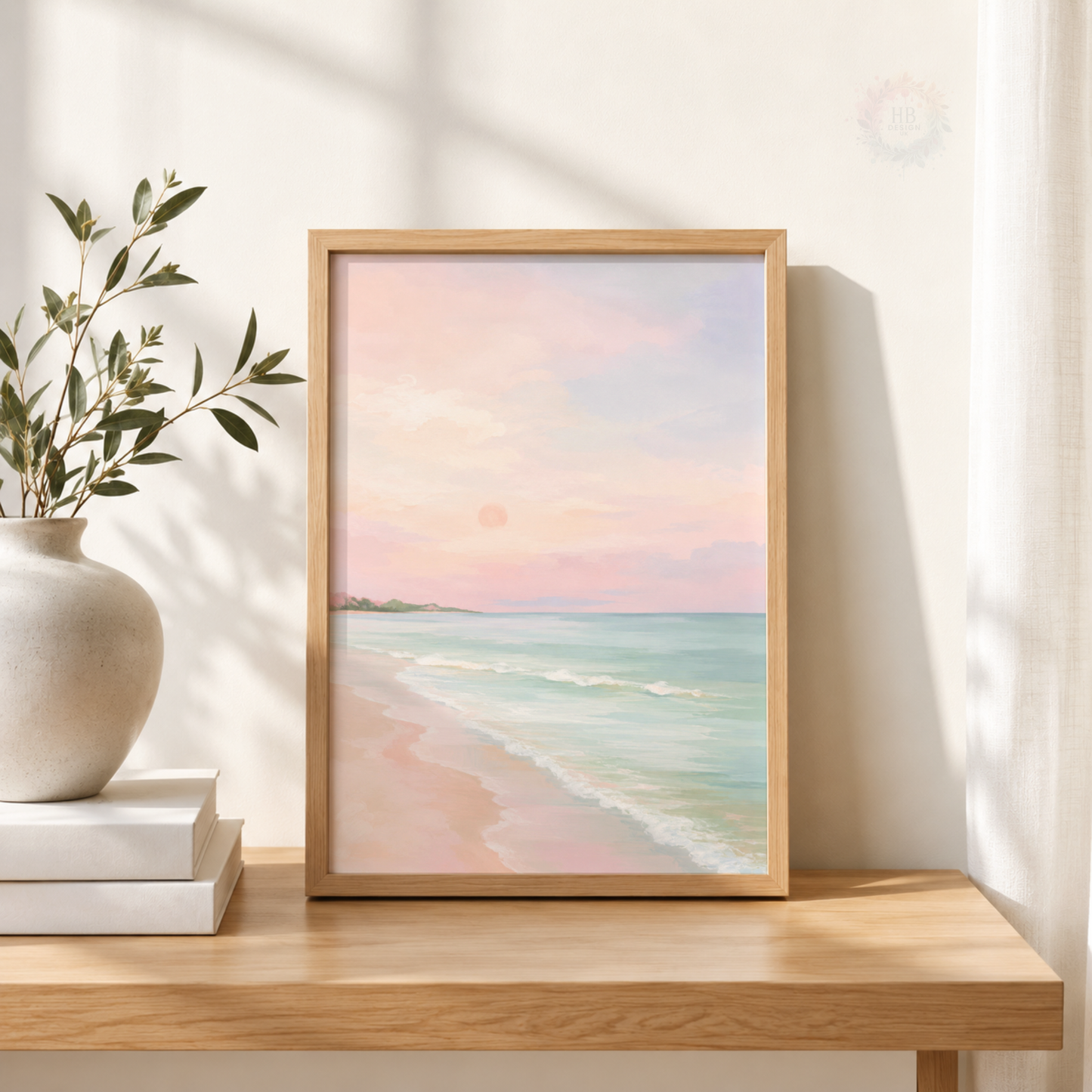 Pastel Beach Wall Art Set – Blush Pink Coastal Seascape Prints