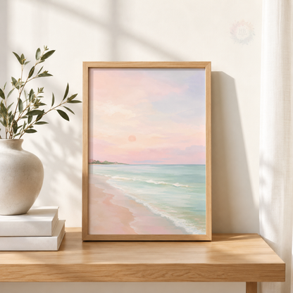 Pastel Beach Wall Art Set – Blush Pink Coastal Seascape Prints